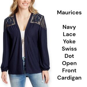 Maurices Navy Lace Yoke Swiss Dot Open Front Cardigan Size Small
